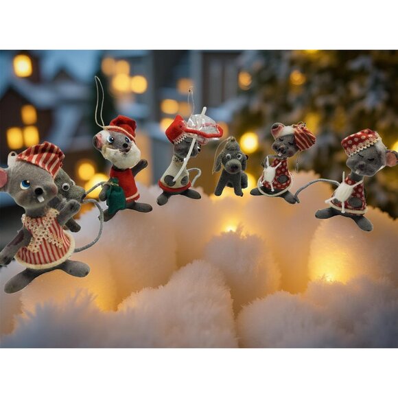 vintage 1950s set of 7 flocked mice christmas ornaments - Picture 2 of 8